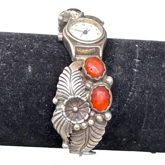 Vtg Navajo LY L Yazzie Sterling Silver Womens Watch Southwest Coral Red Floral 7 - Picture 3 of 8